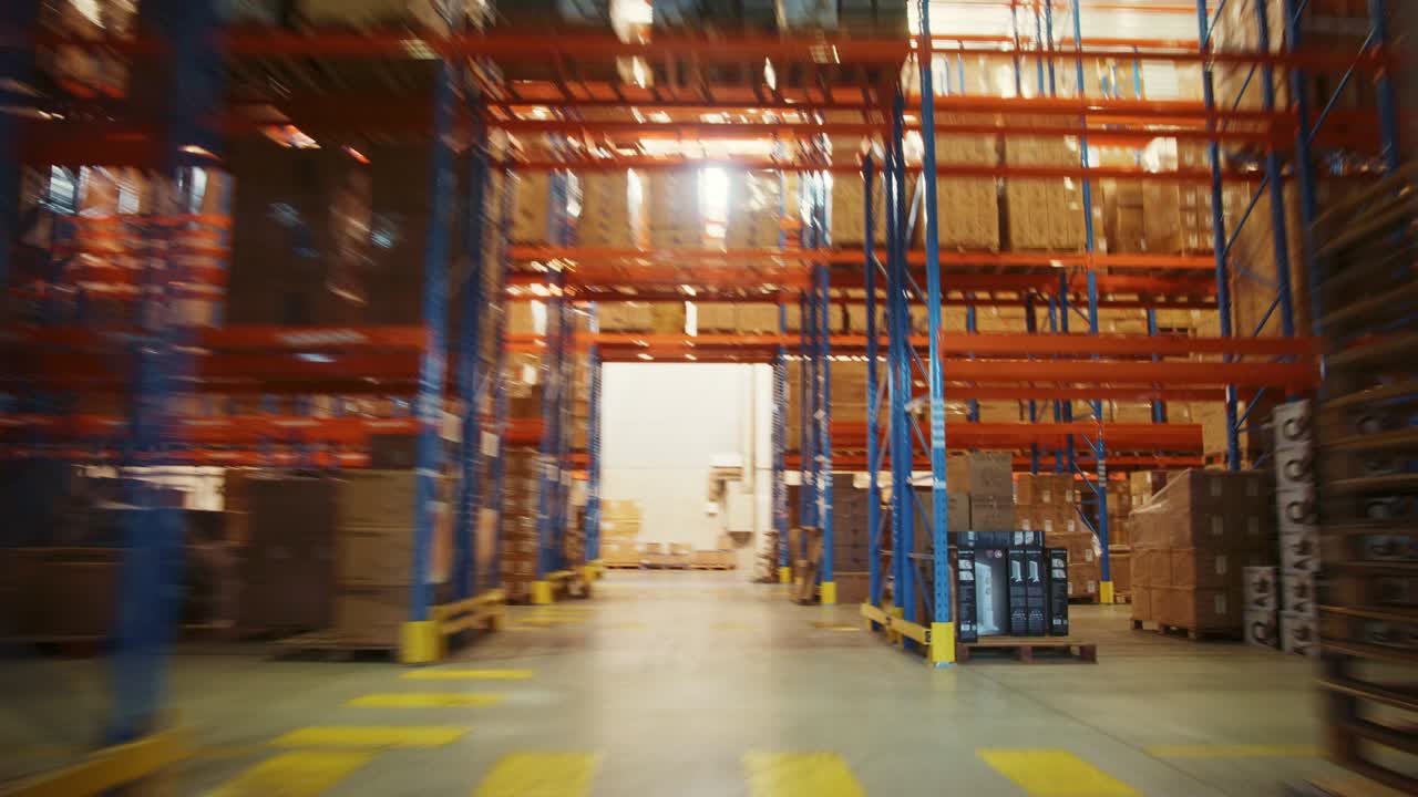lapso de tiempo de la cámara moviéndose a través de un gran almacén minorista lleno de estantes con mercancías en cajas de cartón y paquetes. logística, clasificación y instalación de distribución para la entrega posterior del producto