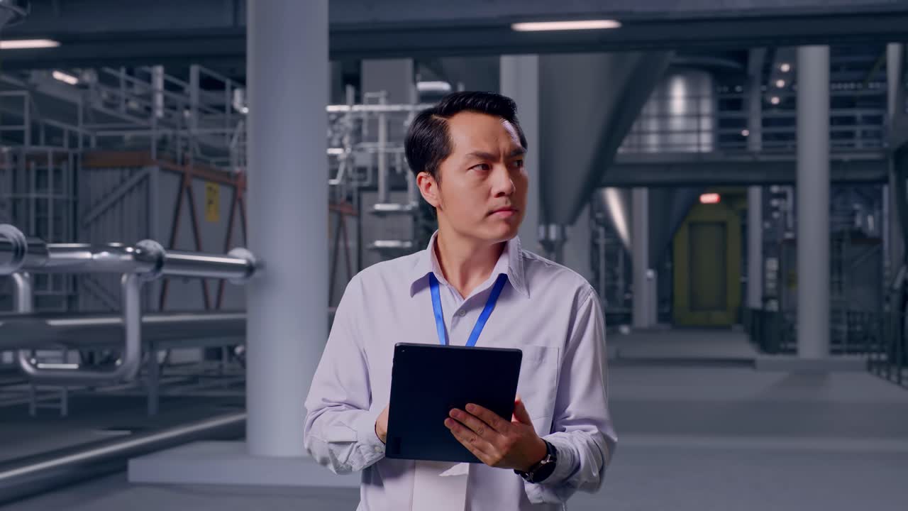 Asian Male Professional Worker Standing With His Tablet in Distillery Interior with Large Fermentation Tanks, He Observes By Looking Around Before He Come To Concentrating With His Tablet