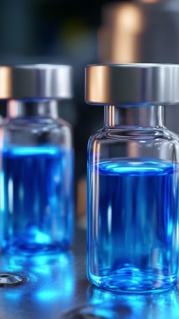 Vibrant Glass Vials on a Laboratory Table: An Insight into Blue Liquid Containment and Synthetic Solutions in Pharmaceutical Research Environments