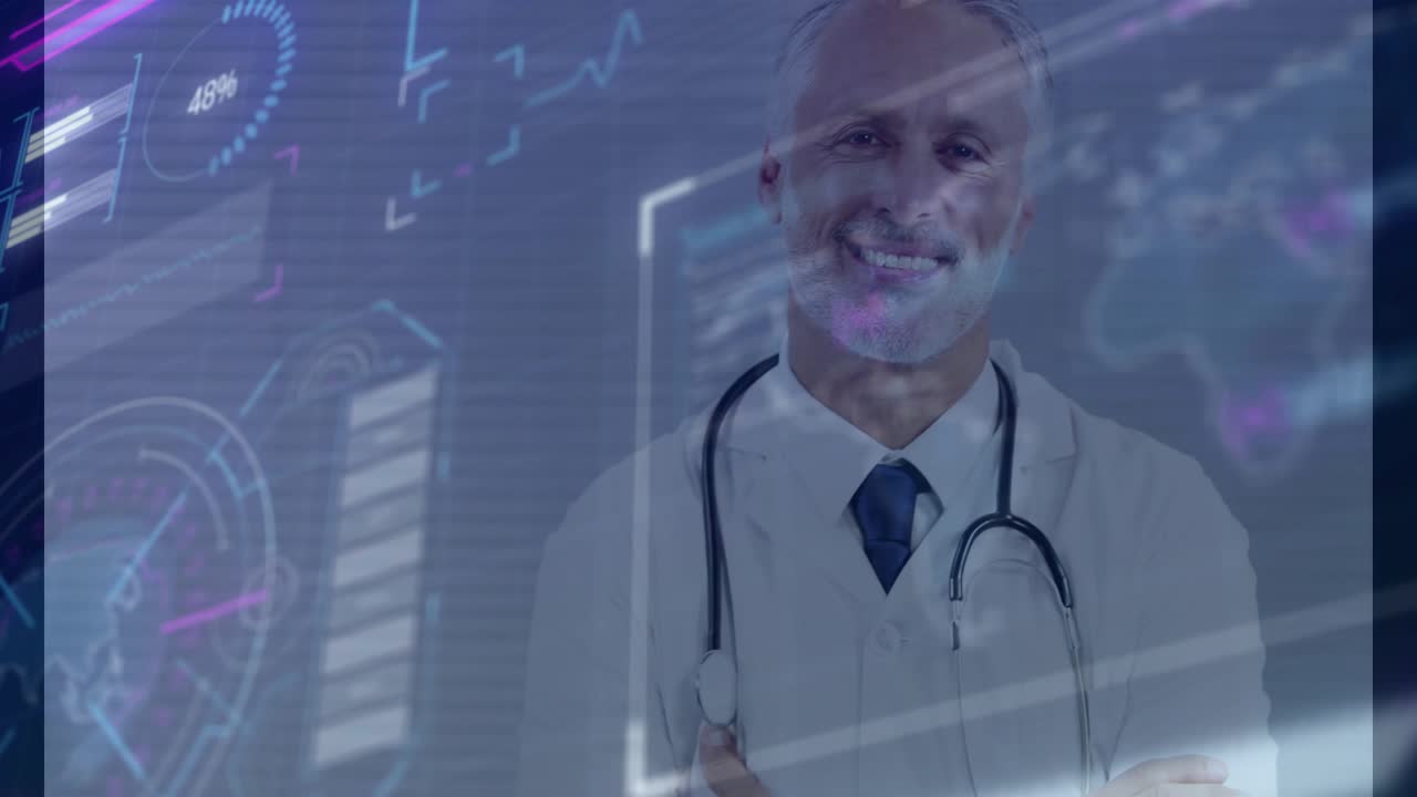 Doctor arms crossed as medical HUD shifting, revealing portrait while charts pulsing for demo