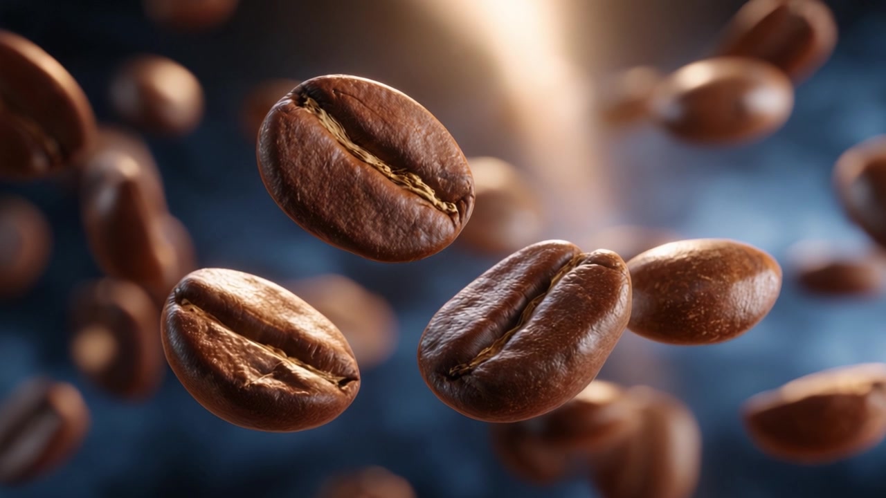 En imponerende udstilling af svævende kaffebønner fanget i fantastisk detalje med en dramatisk baggrund, der fremhæver kaffeoplevelsens rigdom og dybde.