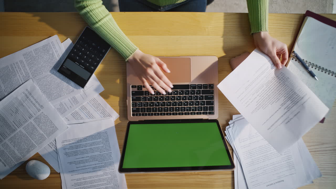 Creator working chromakey laptop at office table closeup. Lady hands touching pc