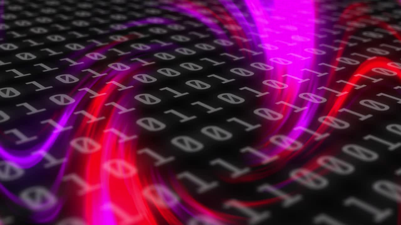 animación de codificación binaria sobre rastros de luz de neón de colores vibrantes