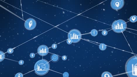 Animation-of-gps-and-graph-icons-connecting-with-lines-and-digital-snow-falling-over-blue-background