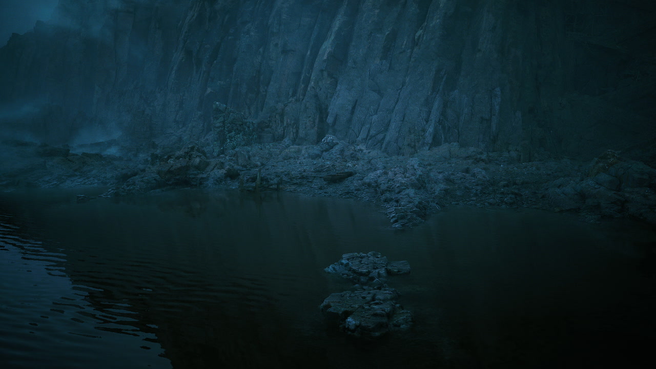 Peaceful marine environment with basalt cliffs and shimmering water surface