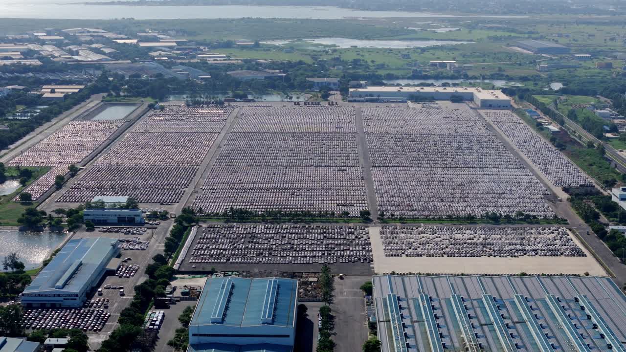 Tons of new cars in the parking lot, Hyundai Motor India Limited car manufacturing plant in Sipcot Industrial Park, Chennai, Tamil Nadu, Drone shot