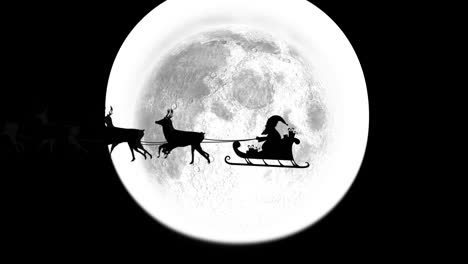 animation of santa claus in sleigh with reindeer passing over moon and stars