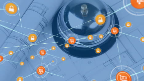animation of shopping cart and lock icons on blueprint with bell in background