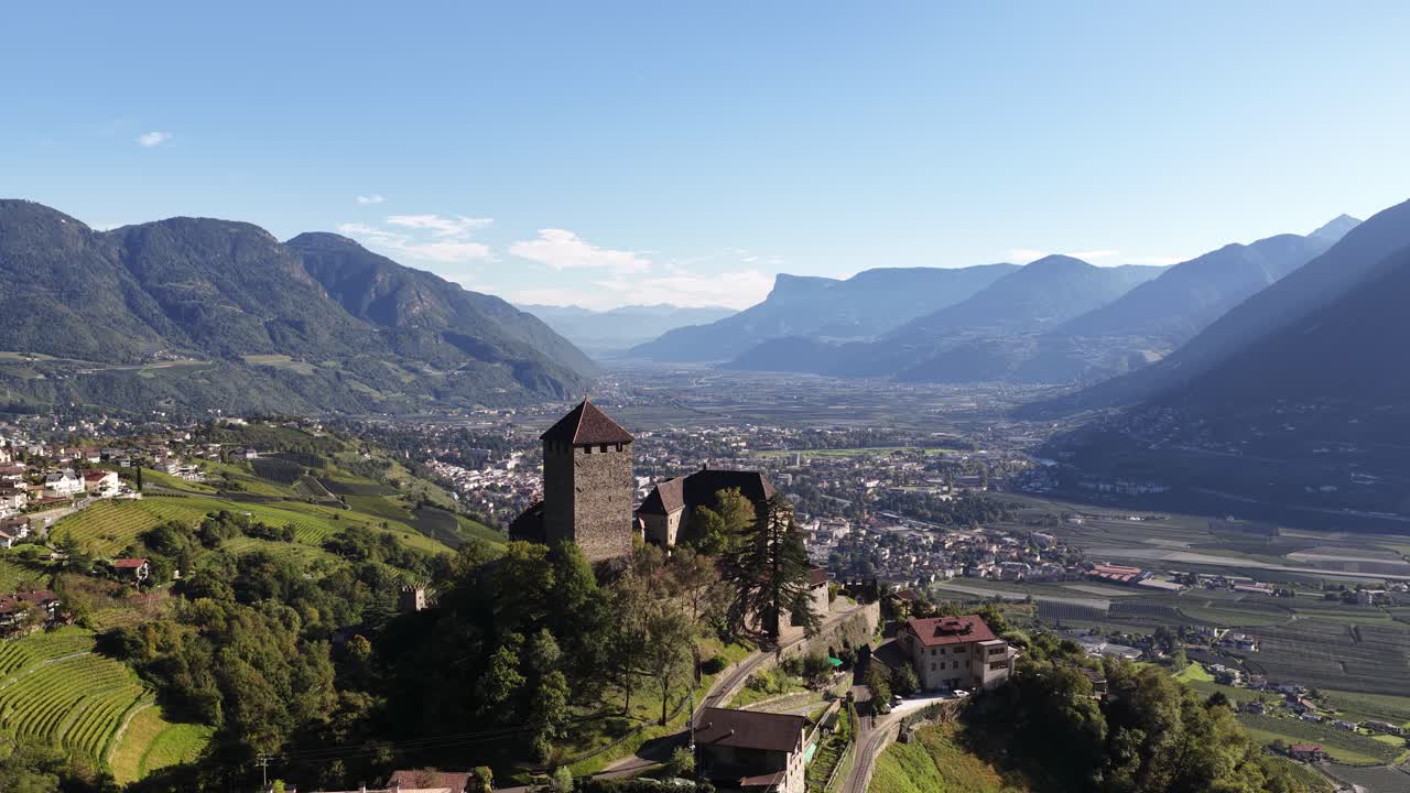 Tyrol Castle Schloss Tirol or Castel Tirolo, in South Tyrol, Italy, aerial video
