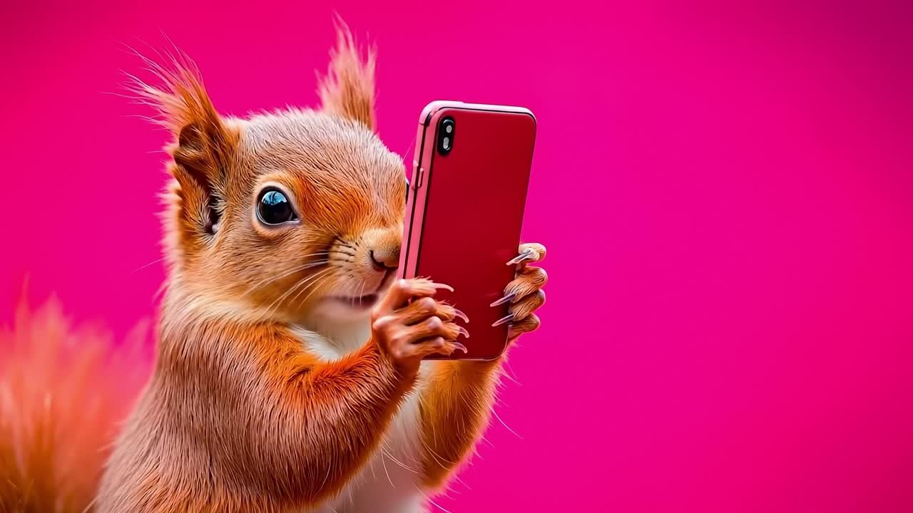 A squirrel taking a picture of itself with a red phone