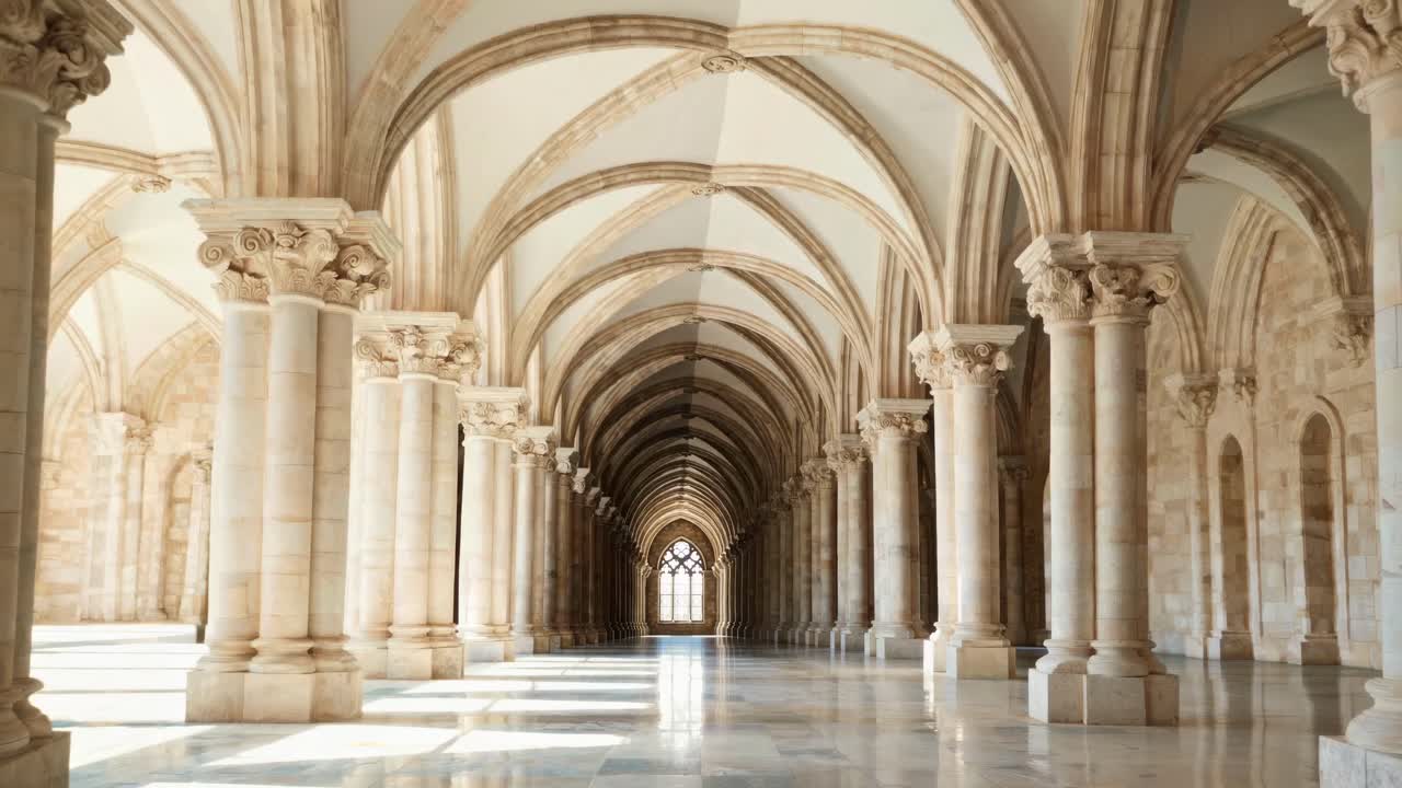 A video captures a low-angle view of a grand, arched corridor with ornate columns, showcasing Gothic