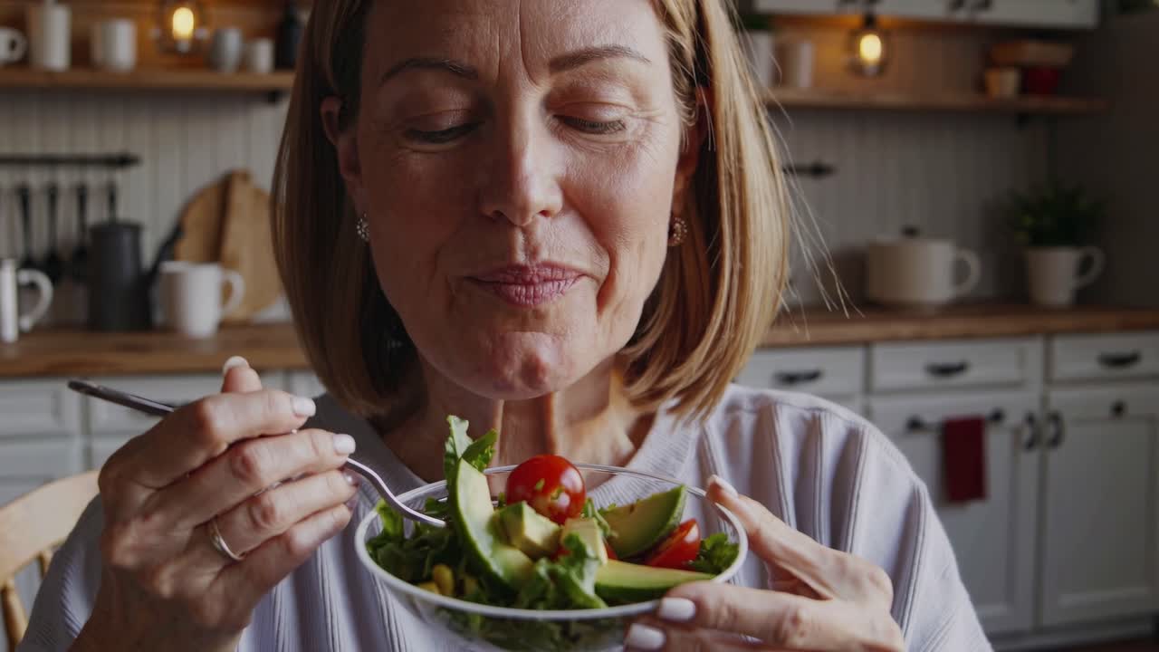 mujer comiendo ensalada en la cocina