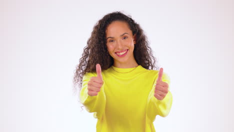 black woman, thumbs up and smile for winning