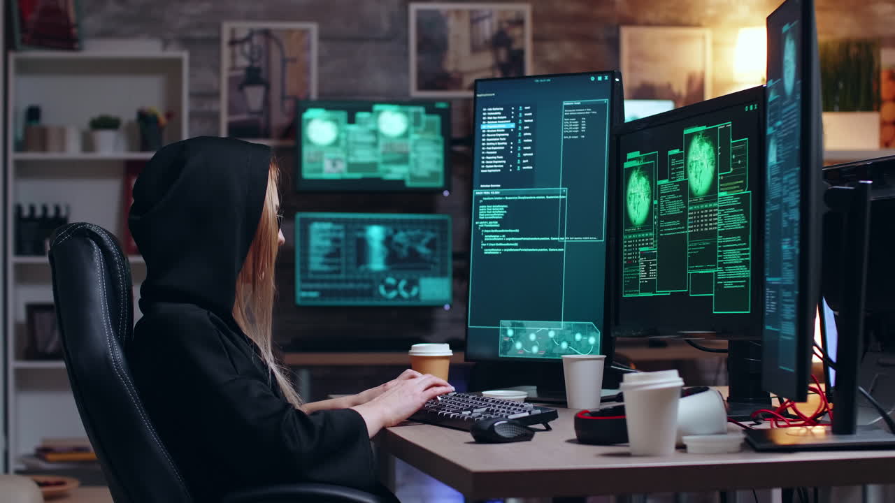 Female hacker wearing a hoodie using a dangerous virus