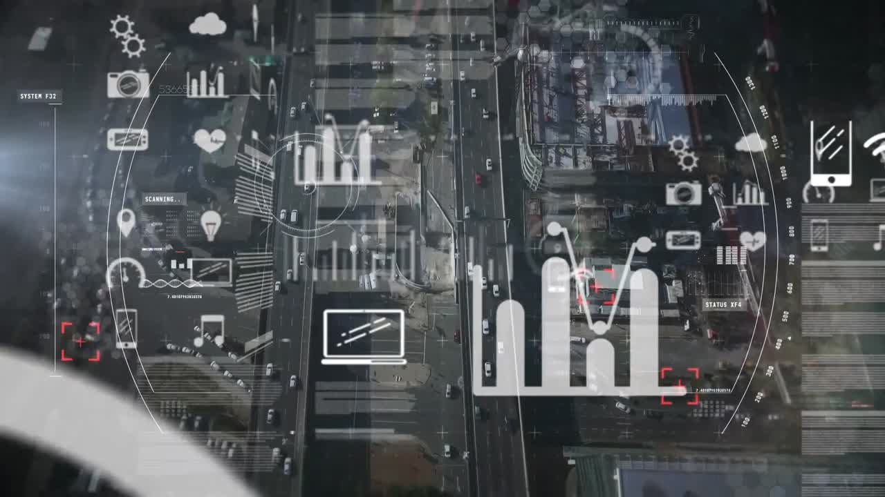 Animation of data processing with city in background