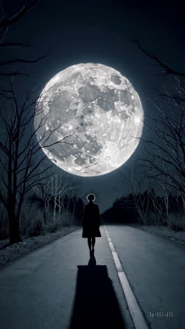 a solitary figure under a giant full moon on a dark road