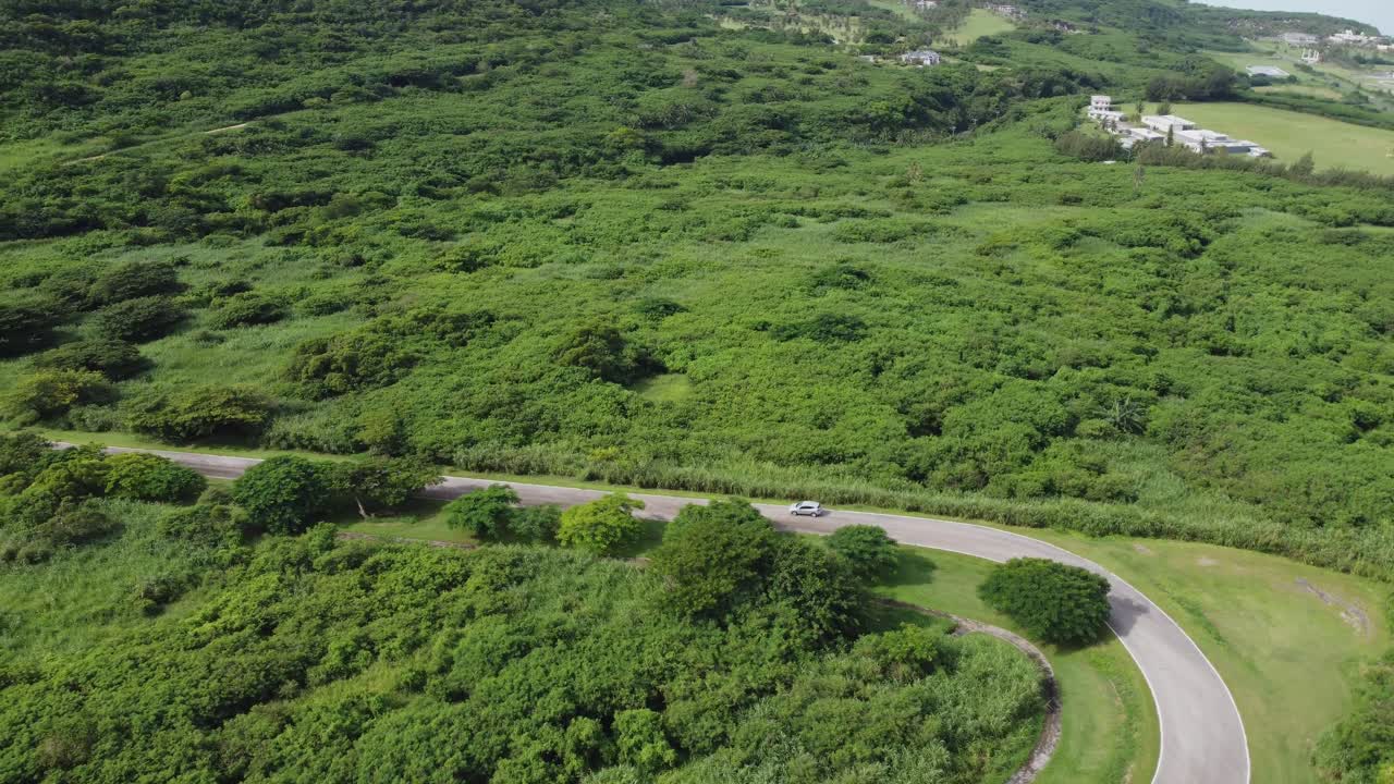 은 날 숲길을 따라 운전하는 차의 드론