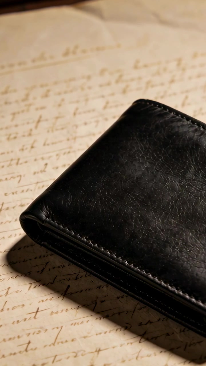 Câmera panorâmica e com zoom, revelando carteira preta e documento manuscrito antigo para finanças
