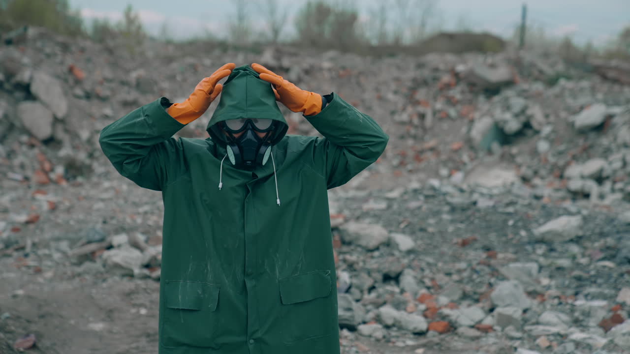 Man standing in apocalyptic city. Apocalypsis town destruction.