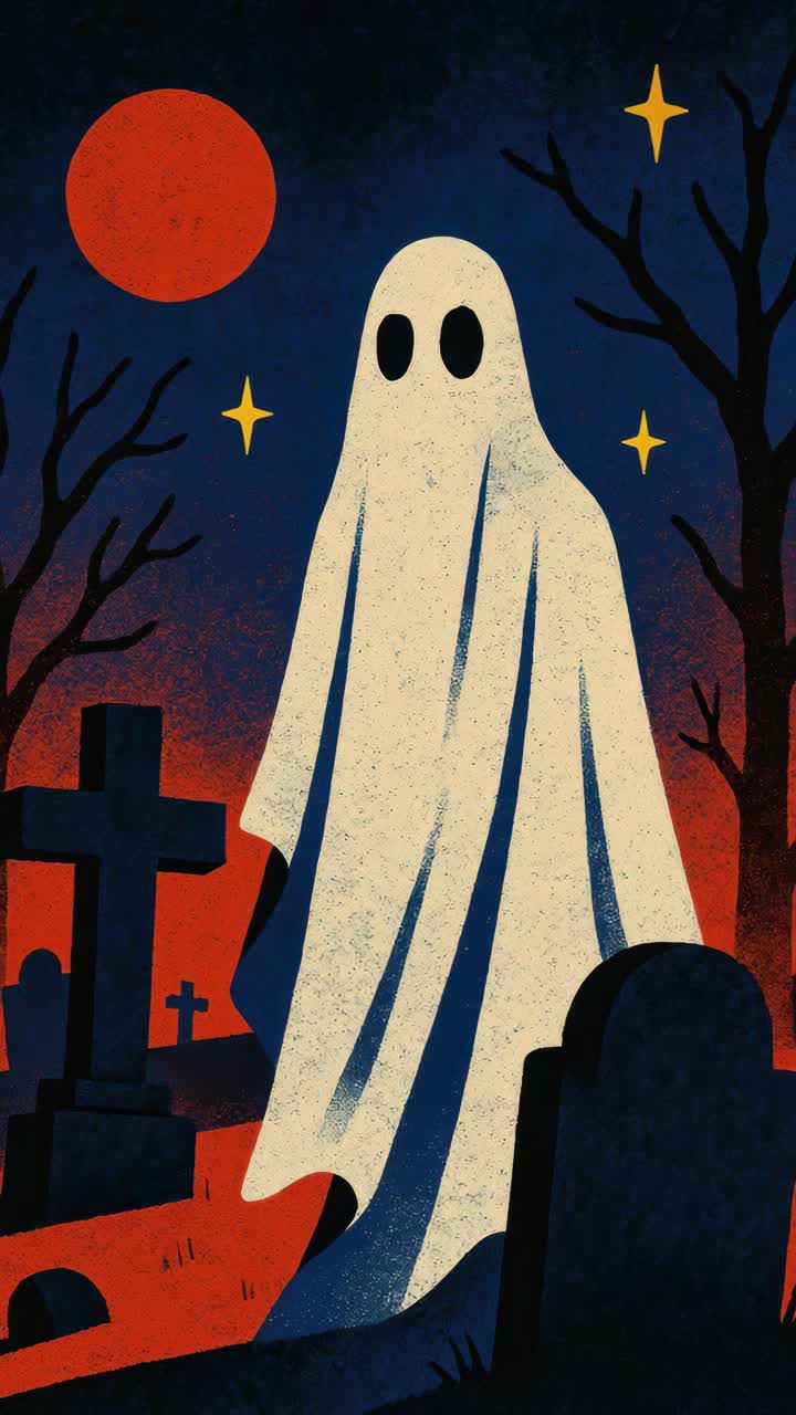 Stylized ghost illustration in a graveyard at night, viewed from a low angle