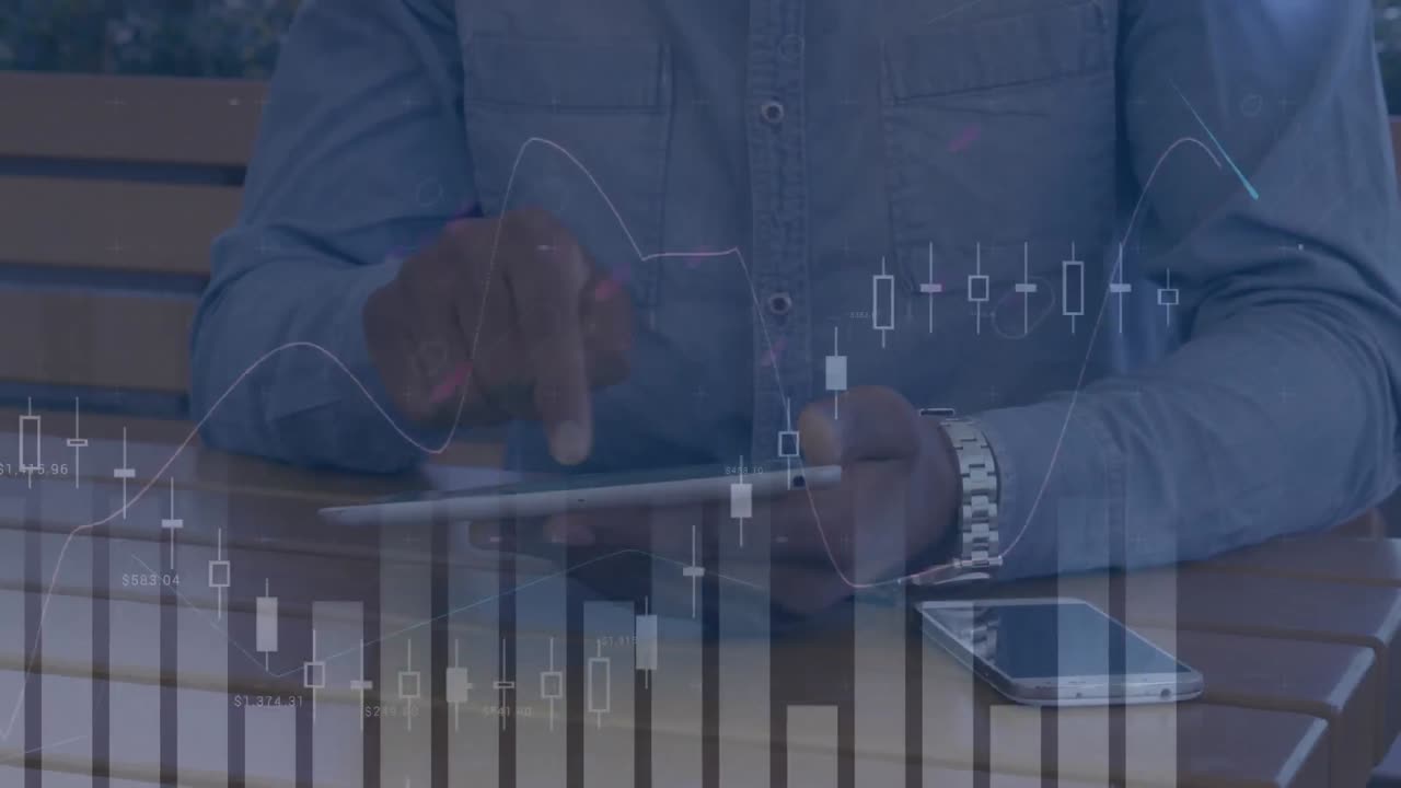 animación del procesamiento de estadísticas sobre un empresario que usa una tableta