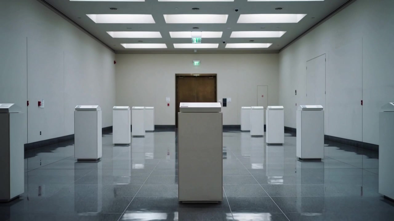 La telecamera si allontana rivelando un piedistallo centrale che si ritira in una galleria, esponendo file e la griglia del soffitto.
