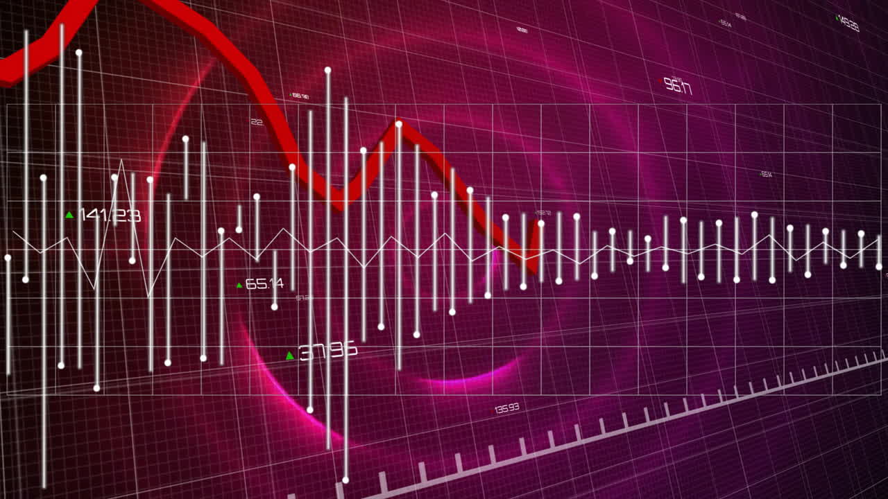 animación del procesamiento de datos financieros sobre círculos rosados brillantes