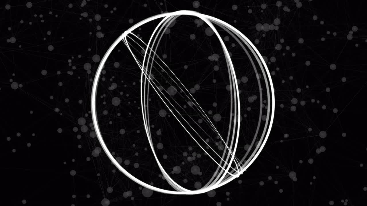 빛나는 반점이 있는 연결 네트워크 위에 회전하는  ⁇ 색 원의 애니메이션