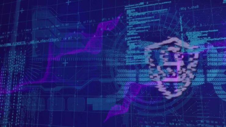 Animation of data processing over security padlock and purple digital wave against blue background