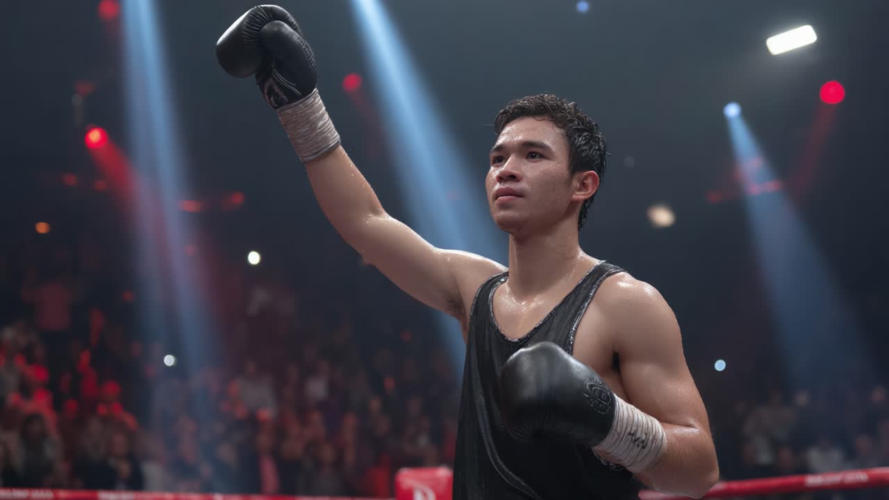 A young boxer stands triumphantly in the ring, raising his glove in celebration after an intense match, showcasing determination and the thrill of victory