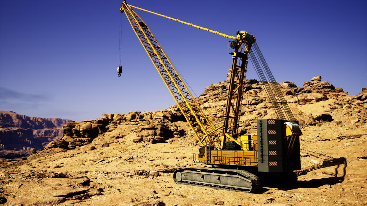 Heavy crane working in a rocky desert landscape under clear blue sky