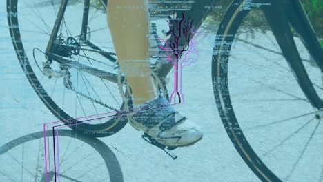 animation of statistics and data processing over caucasian female cyclist