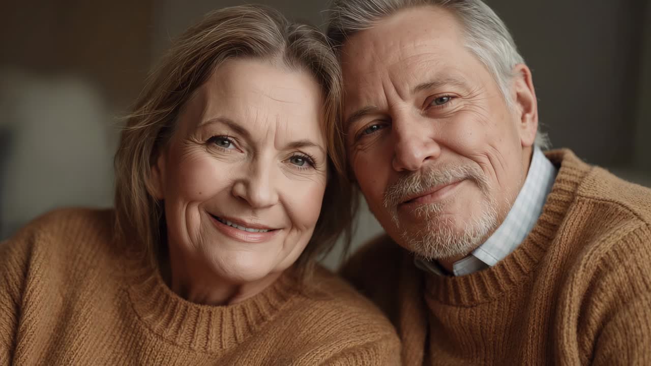 Leaning seniors with closeup camera, showing affection at home, wearing brown sweaters and collar