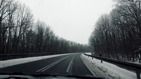 pov vehicle drive countryside wet road winter scenery snow forest bare trees dirty window gopro point of view car travel cloudy sky