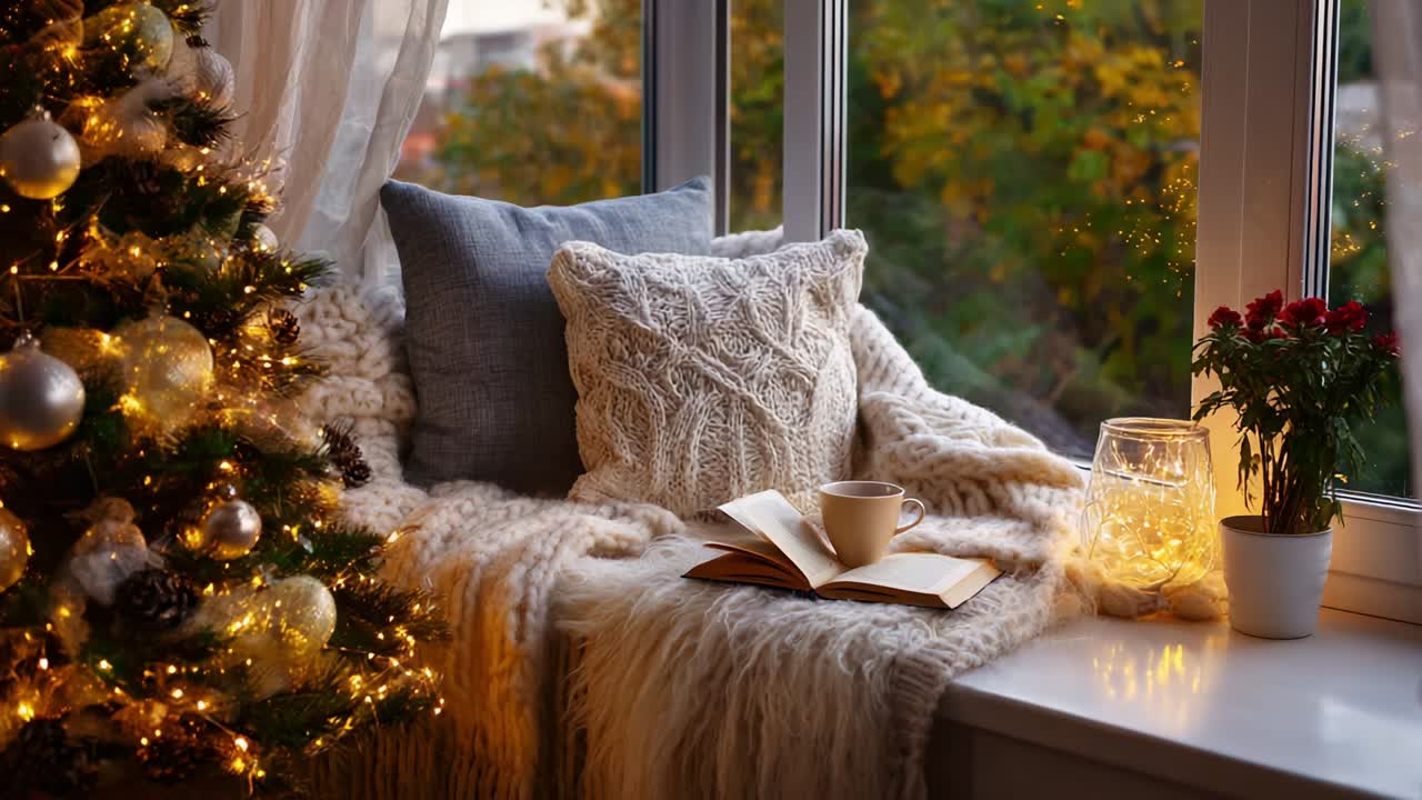 Cozy Winter Corner: A Beautifully Decorated Indoor Oasis Featuring a Textured Knit Pillow, Soft Blankets, a Warm Drink, an Open Book, and Subtle Holiday Lights Illuminating the Space