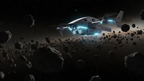 a futuristic exploration vessel navigates through an asteroid belt surrounded by a vast expanse of stars, showcasing advanced technology in outer space adventure