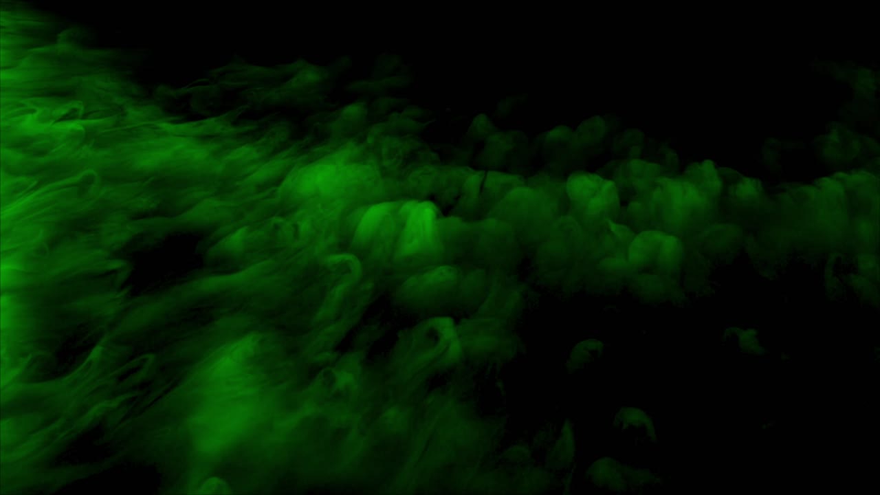 Billowing clouds of thick green smoke or fog move slowly across frame. Atmospheric abstract background for mystery, magic, or environmental concepts. Seamless loop, isolated on black