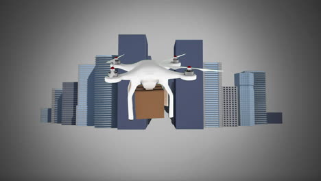 drone holding a package traveling in the city