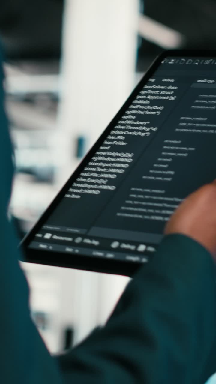 Vertical video Close up of data center programmer using tablet app to write code
