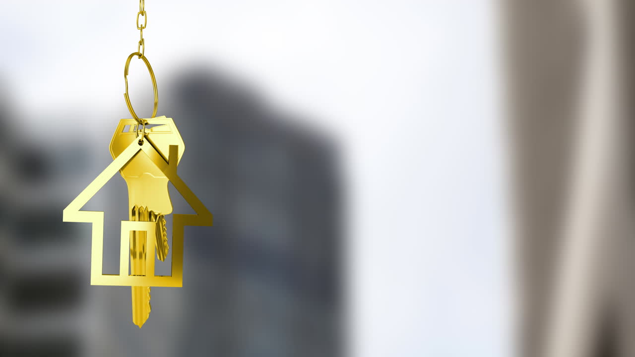 Animazione di un portachiavi a forma di casa dorato su sfondo sfocato di paesaggio urbano.