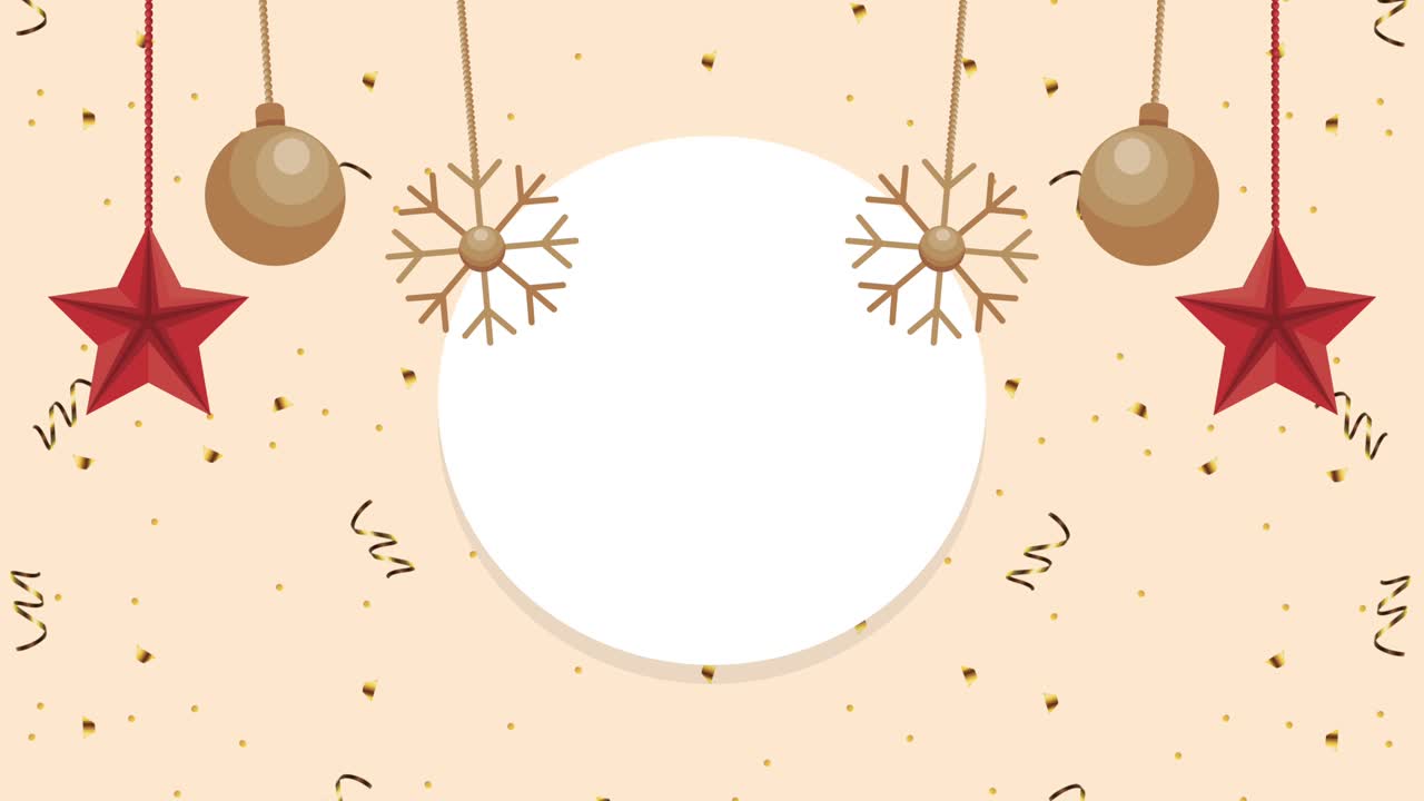 animación de feliz año nuevo con copos de nieve y bolas colgando