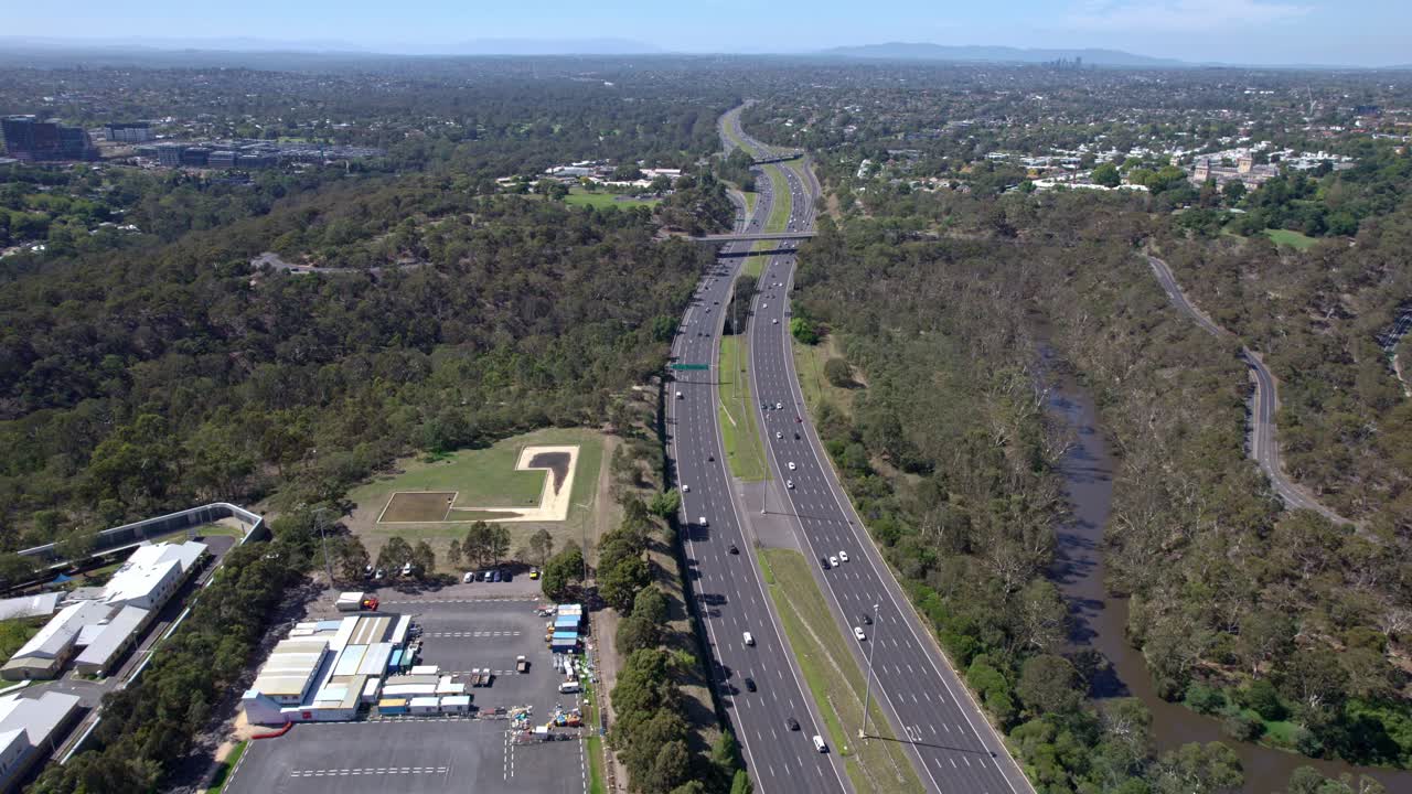 Aerial view looking east over the Eastern Freeway in Melbourne, Victoria, Australia. March 2025