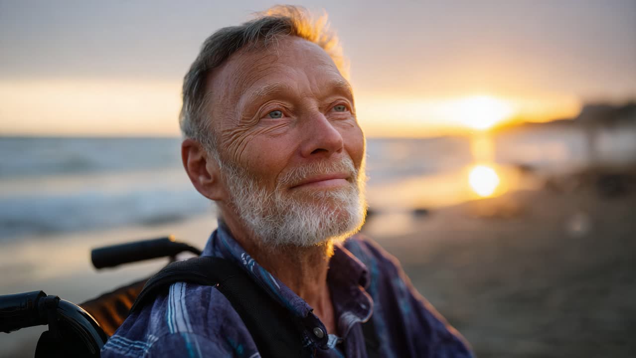 Un momento sereno catturato sulla spiaggia durante il tramonto, che mostra un uomo anziano su una sedia a rotelle mentre si gode la bellezza della natura e riflette sulla vita con un sorriso caloroso