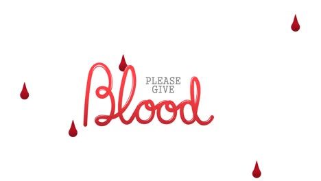 Animation-Des-Textes-„Bitte-Geben-Sie-Blut“-Und-Blutstropfen,-Die-Auf-Weißen-Hintergrund-Fallen
