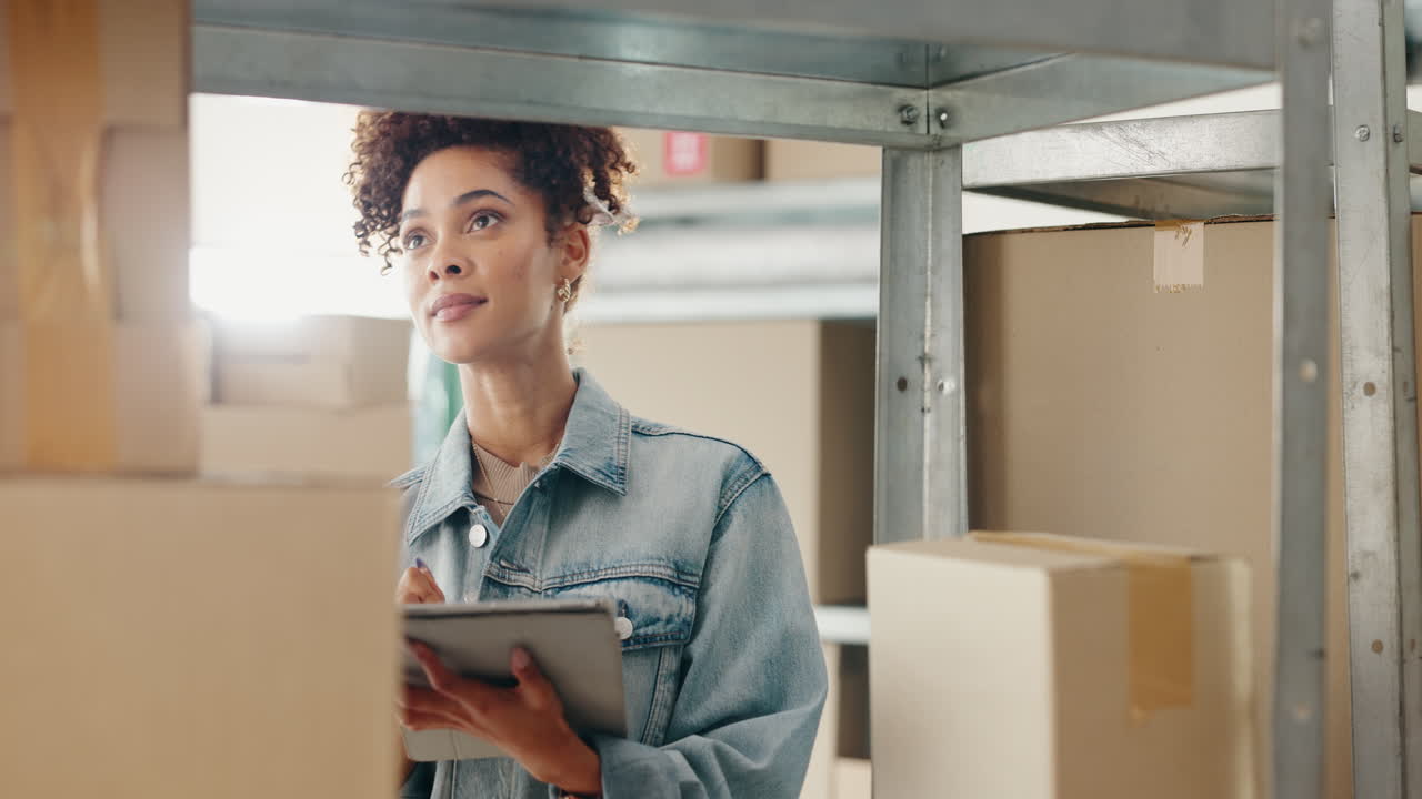Woman with Tablet Checking Inventory in Warehouse