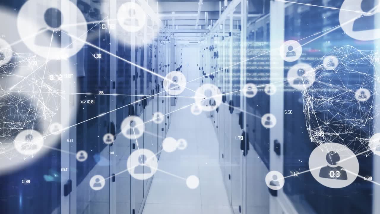 Animation of network of profile icons, globe of network of connections against computer server room