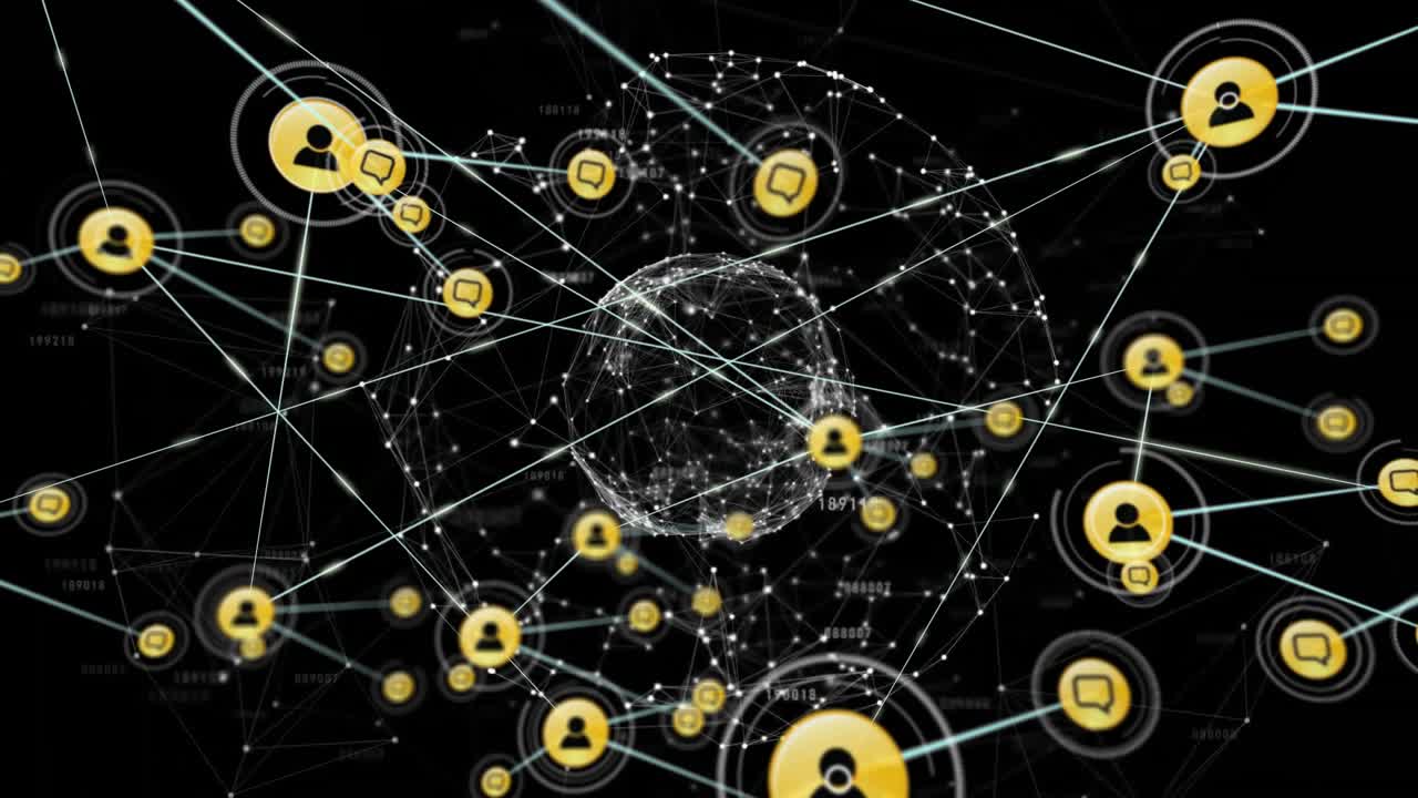 Animação de rede de conexões e ícones de usuário sobre um globo digital
