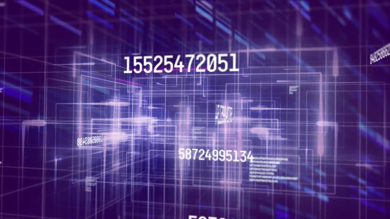 Animation of numbers changing and data processing over glowing grid