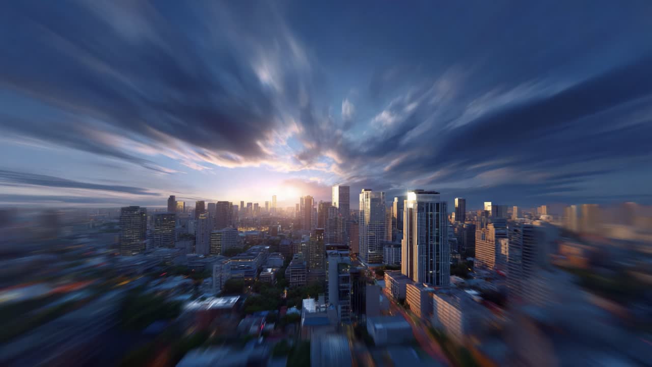 Transition from Day to Night: A Stunning Cityscape Showcasing the Vibrant Energy of Urban Life Under Varying Light Conditions and Colorful Skies