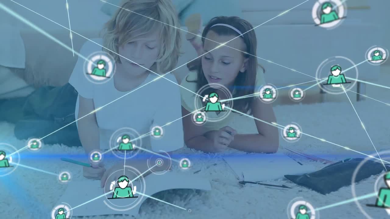 다양한 학교 학생들의 글쓰기에 대한 아이콘으로 연결된 네트워크의 애니메이션